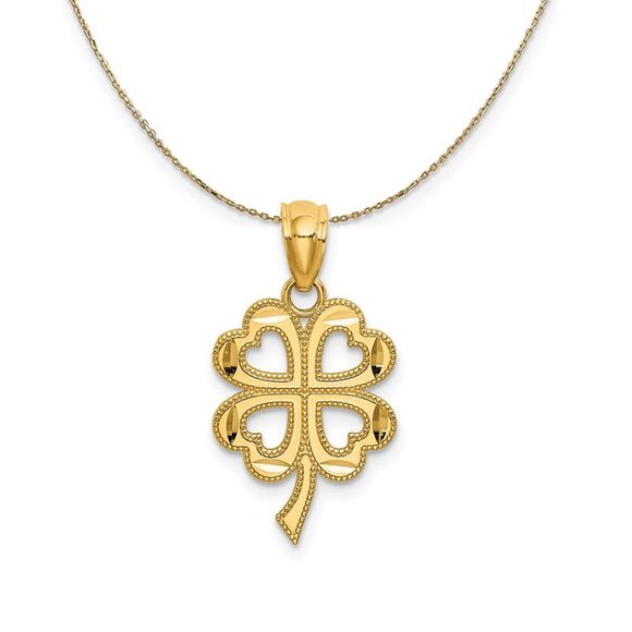 14k Yellow Gold Diamond Cut Four Leaf Clover Necklace - 18 Inch